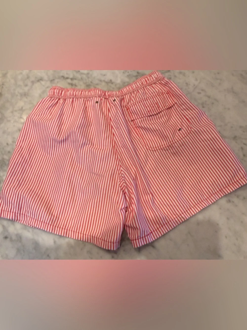 Onward Reserve Red/White Striped Men’s Swim Trunks. Large.
